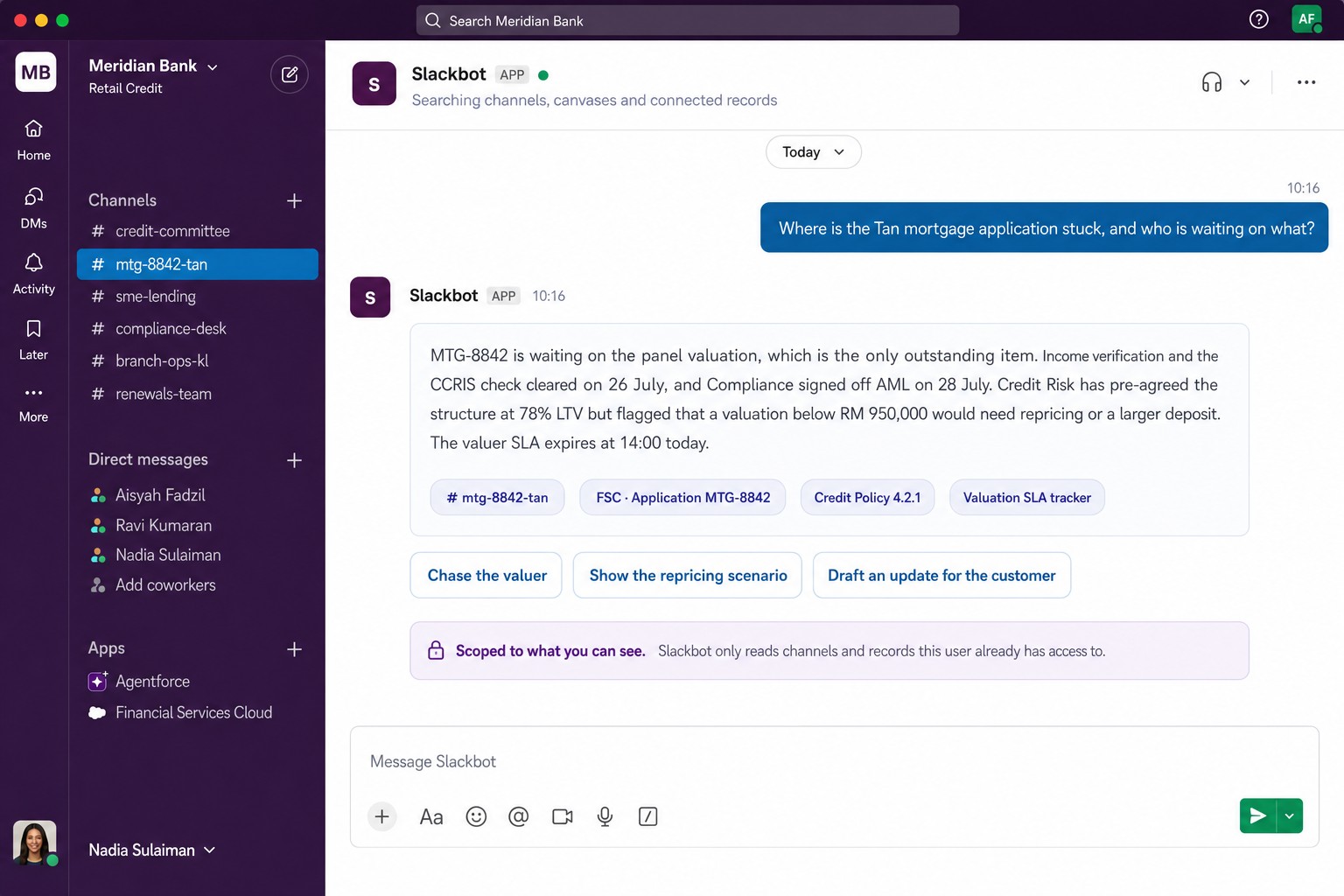 Slackbot answering where an application is stuck, with sources and follow-up actions